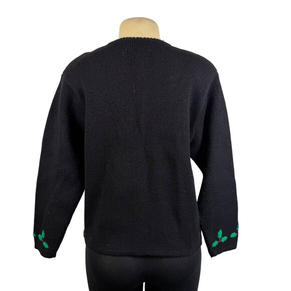 Vintage Tally-Ho Black Cardigan Sweater Holly Leaf Embroidery Button Front Sz PM - Picture 3 of 8